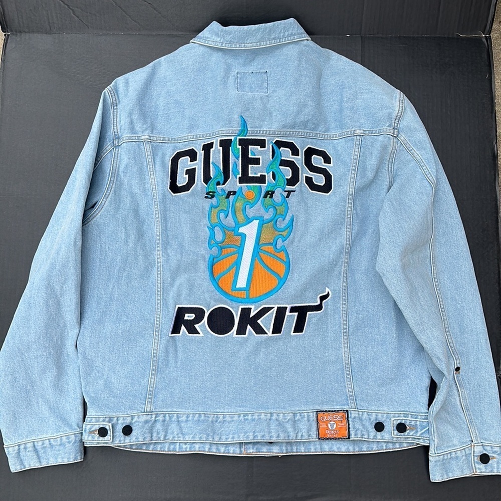 New GUESS Sport Rokit Basketball Denim Jacket In Blue SZ XL